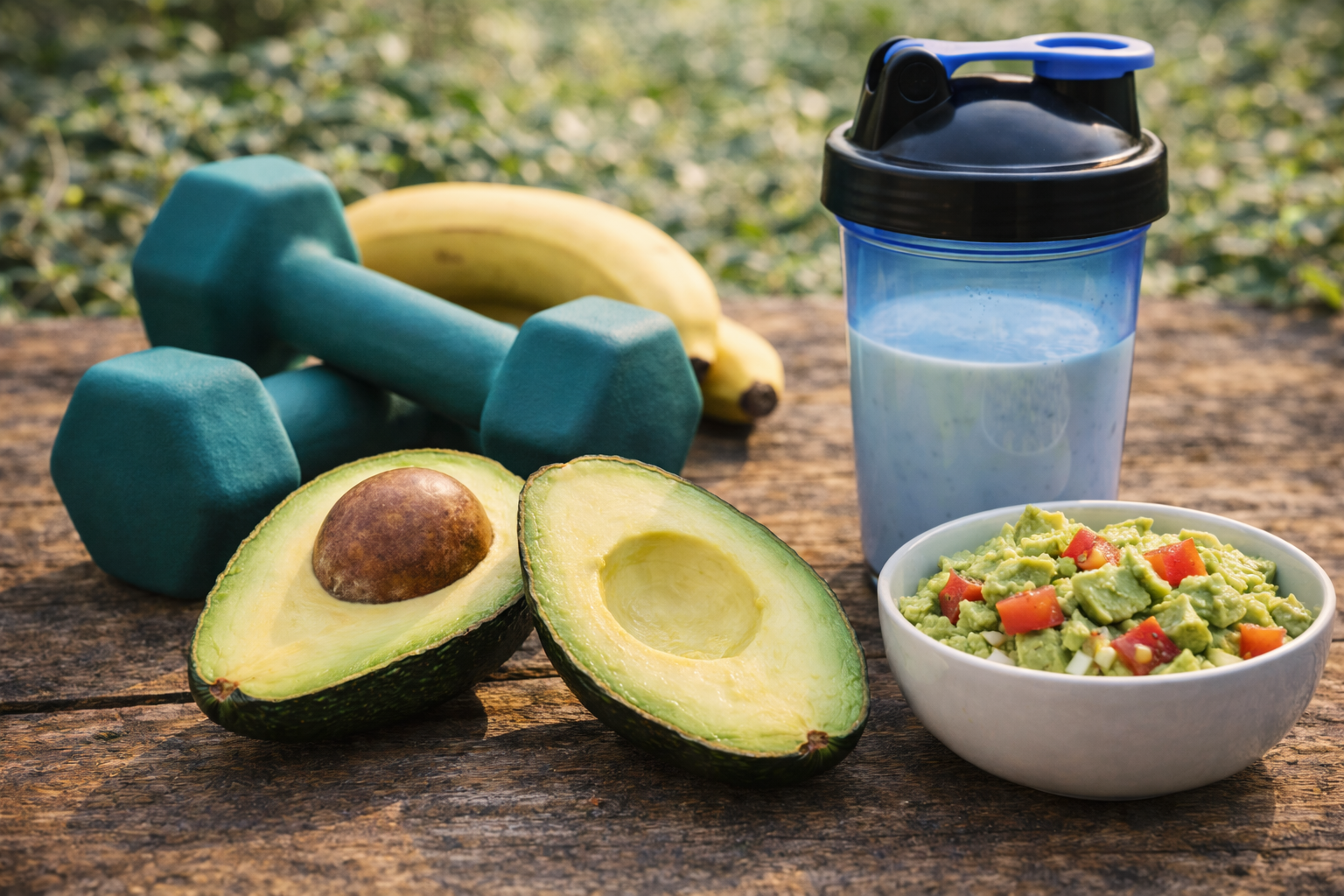 Aguacate para deportistas junto a pesas y batido proteico como ejemplo de alimentación deportiva saludable