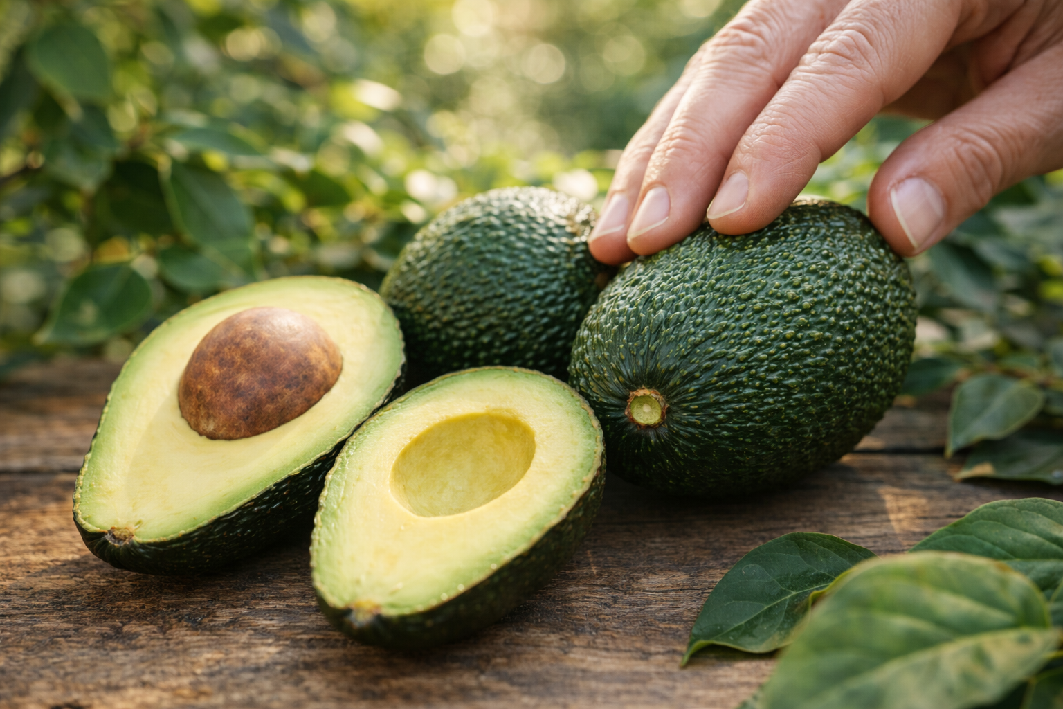 Mano comprobando la firmeza de un aguacate para saber si está en su punto de maduración