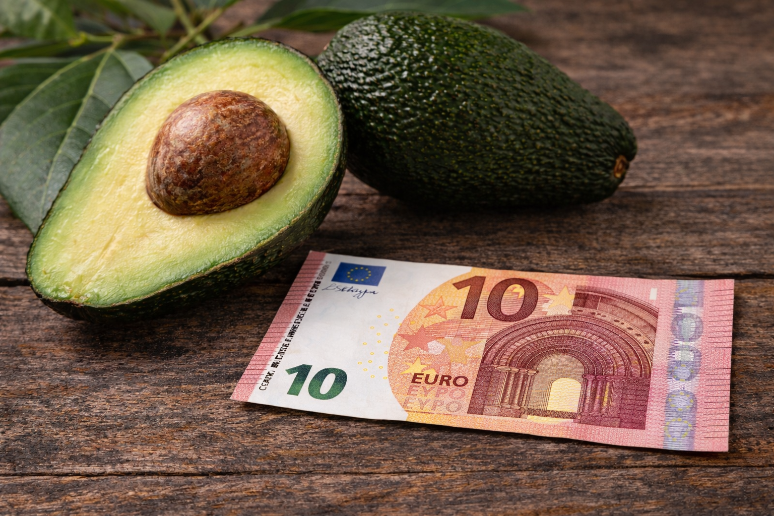 Aguacates junto a un billete de 10 euros representando el precio del aguacate en Vigo