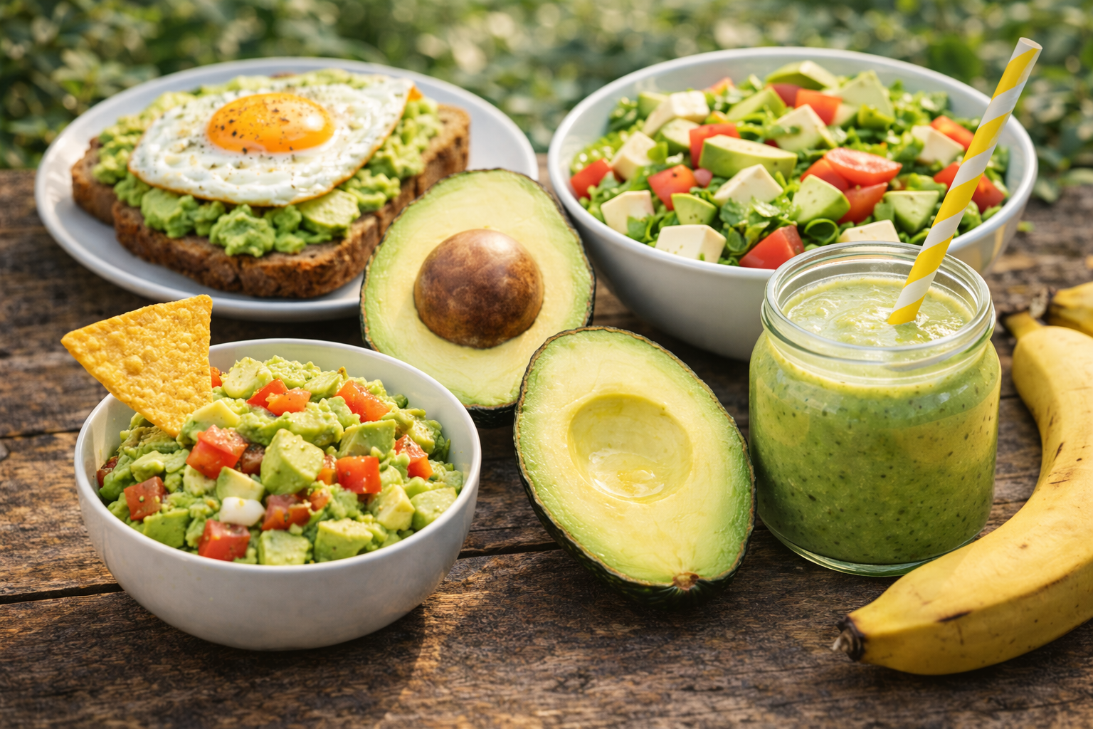 Platos variados con recetas con aguacate gallego como tostadas, ensalada, guacamole y smoothie