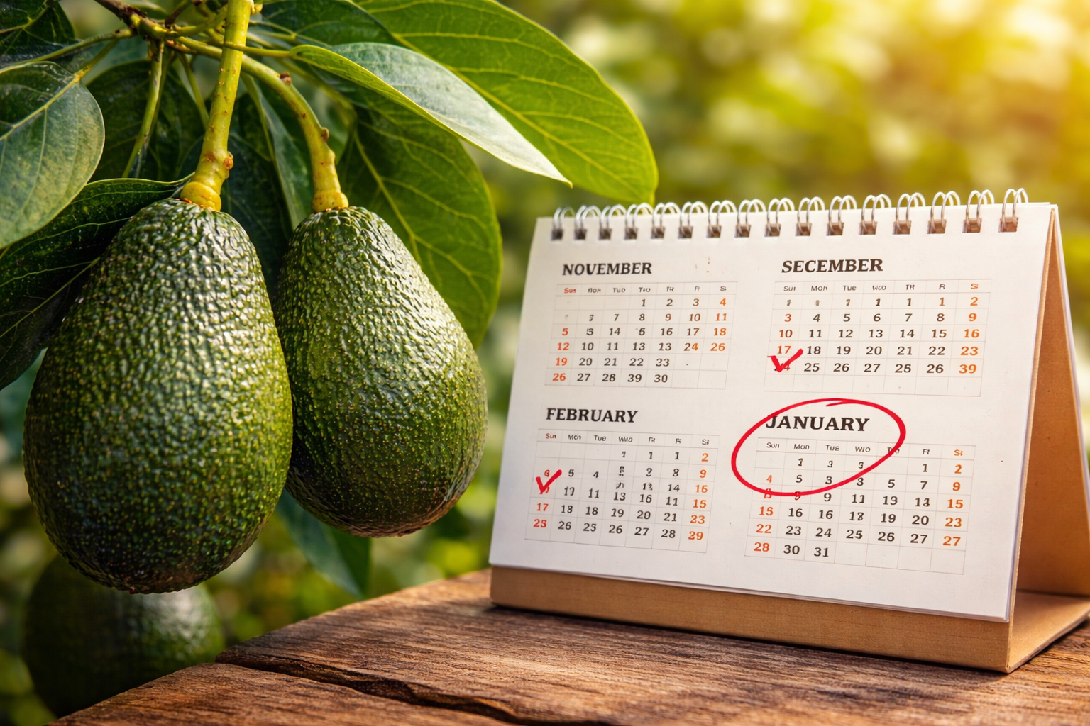 Aguacates en el árbol junto a calendario señalando la temporada de aguacate en Vigo
